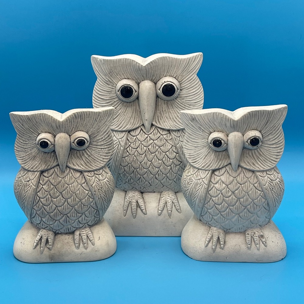 Vintage Owl Figurine Set of 3 Faux Carved Stone Figurines 70s Boho Woodland